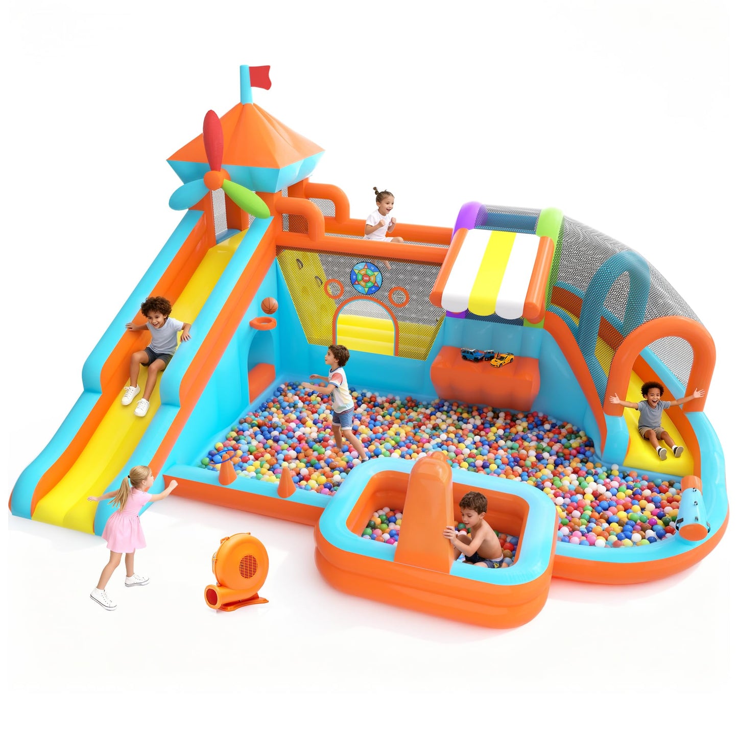 Inflatable Bounce House with Double Slide, 10 in 1 Large Bounce Castle with 750W Blower, Water Slide, Jumping, Splash Pool, Climbing Wall, Toy Stand, Water Cannon, Basketball, Tunnel, Outdoor, Orange
