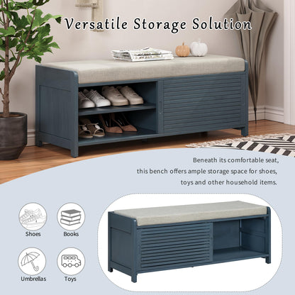 Ball & Cast Entryway Storage Bench with Shutter Doors, 43.3" Wooden Shoes Organizer, Modern Movable Upholstered Seat Entryway Shoe Rack Cabinet for Hallway Living Room, Navy Blue