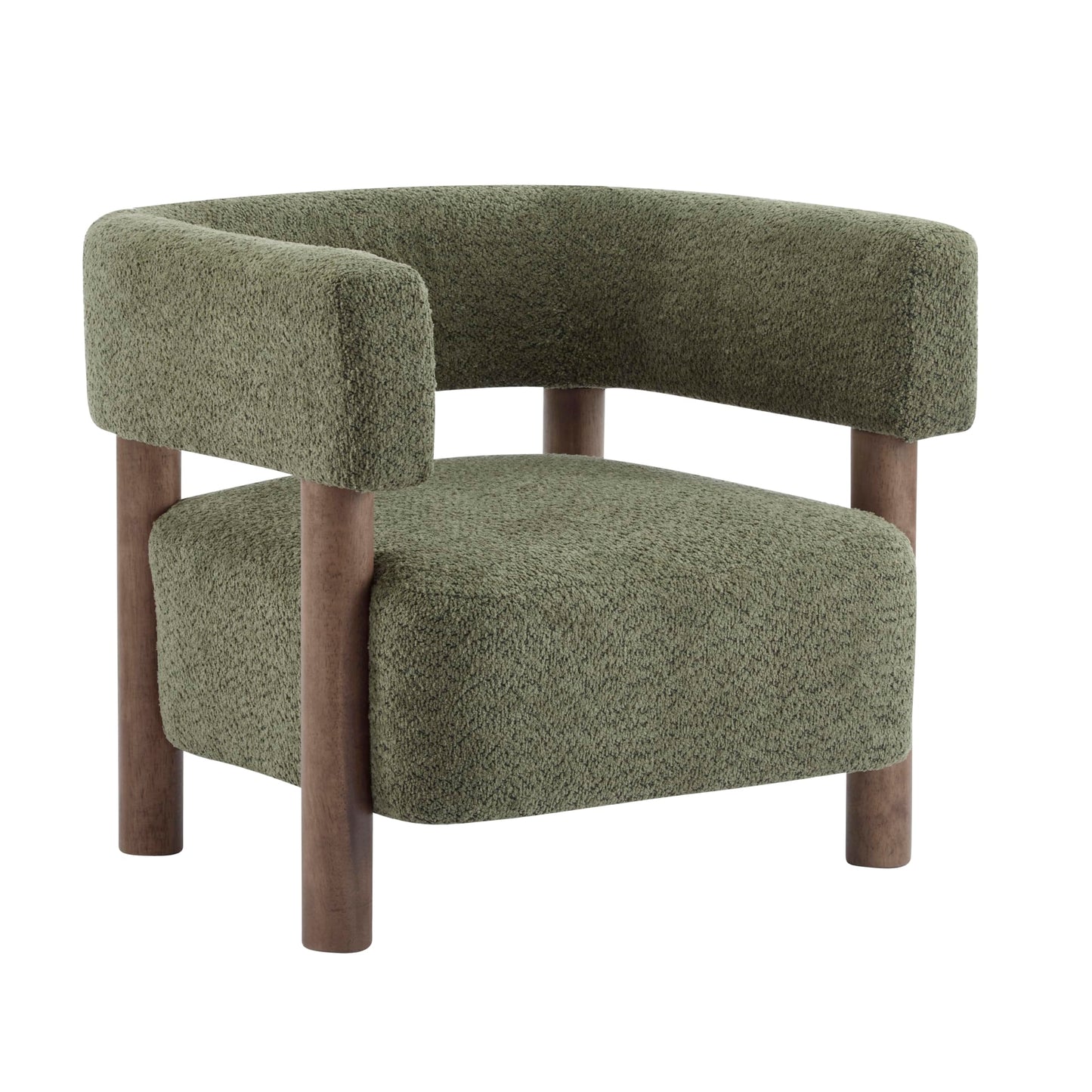 Merax Bouclé Upholstered Accent Arm Chair, Modern Lounge Armchair with Rubber Wood Legs and Foam Cushion, Comfortable Barrel Reading Chair for Living Room Bedroom, Olive Green/Walnut