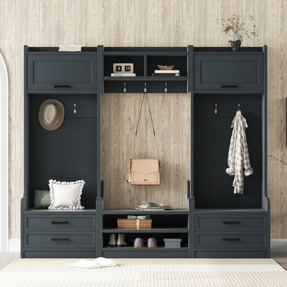 4-in-1 Antique Blue Hall Tree with Bench and Shoe Storage, Mudroom Bench with Storage and Hooks, Entryway Coat Rack with Drawers and Cabinet, MDF & Particle Board, Multi-Functional Hallway Organizer