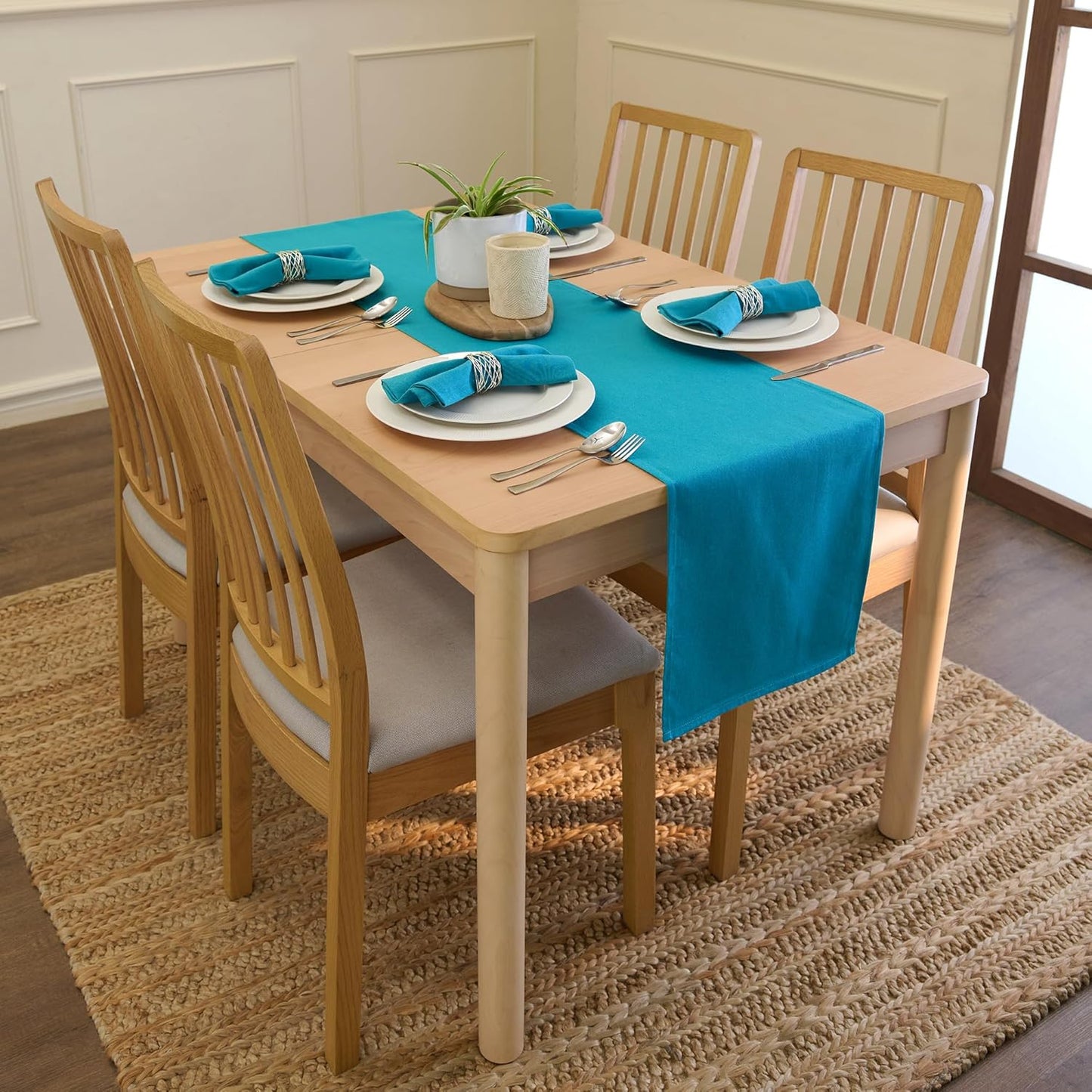 Encasa XO Long Table Runner 13x104 in Azul Blue Solid Color | Durable Cotton Canvas Fabric | Machine Washable