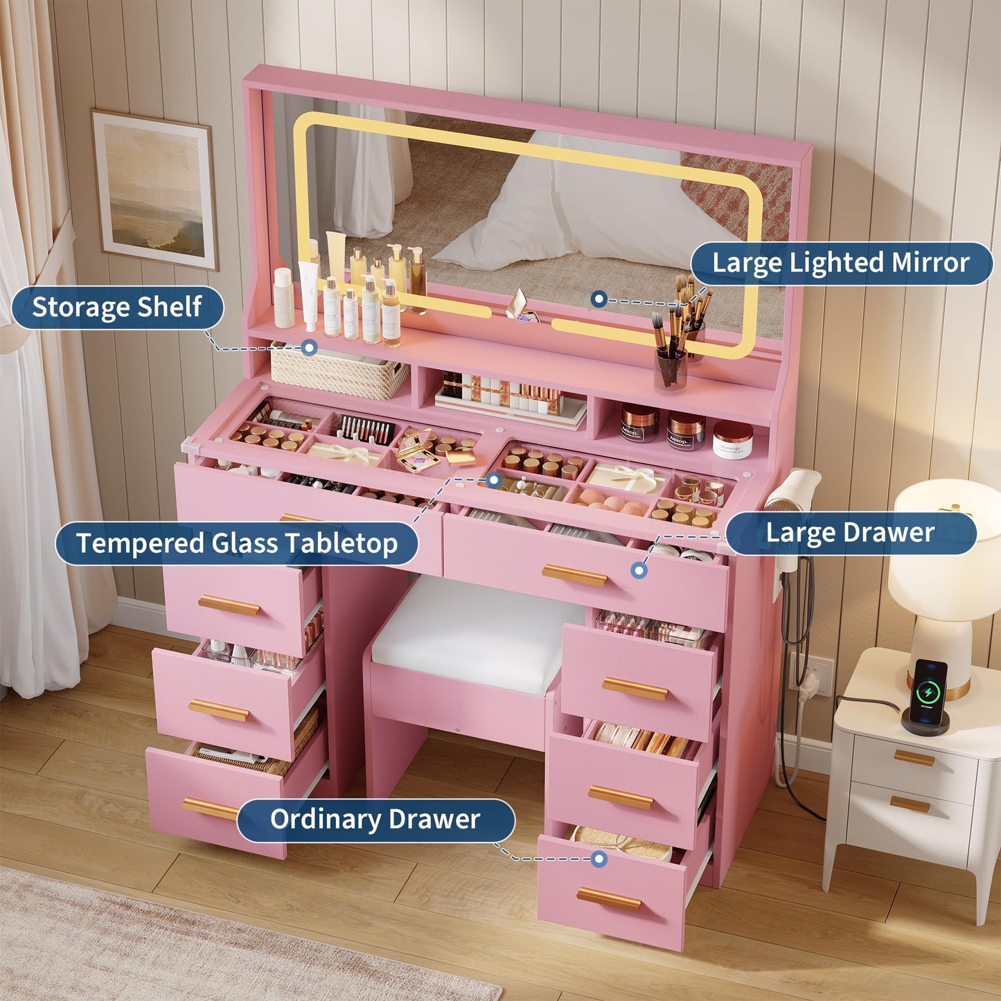GAOMON Makeup Vanity Desk with Large Lighted Mirror, Vanity Desk with Glass Tabletop, 8 Drawers & 3 Storage Shelves, Vanity Set with Built-in Power Outlet for Bedroom & Dressing Area, Pink