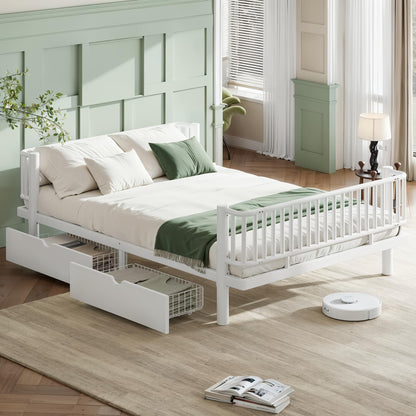 KEIKI Queen Size Metal Platform Bed Frame with 2 Storage Drawers, Modern Daybed with Strong Metal Slats & Upgraded Safety Round-Pipe Design, No Box Spring Needed, Easy Assembly, for Bedroom, White