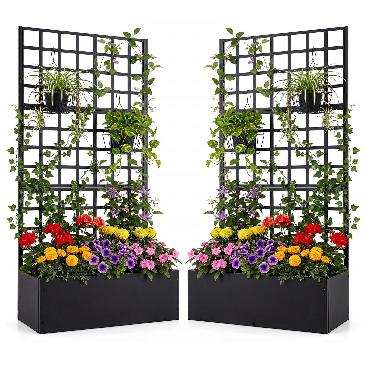 Giantex 2 Pack Metal Raised Garden Bed with Trellis, 71"x36"x16" Galvanized Planter Box w/Drainage Holes for Climbing Plants Vegetables Flowers, Outdoor Privacy Screen for Patio Backyard Balcony