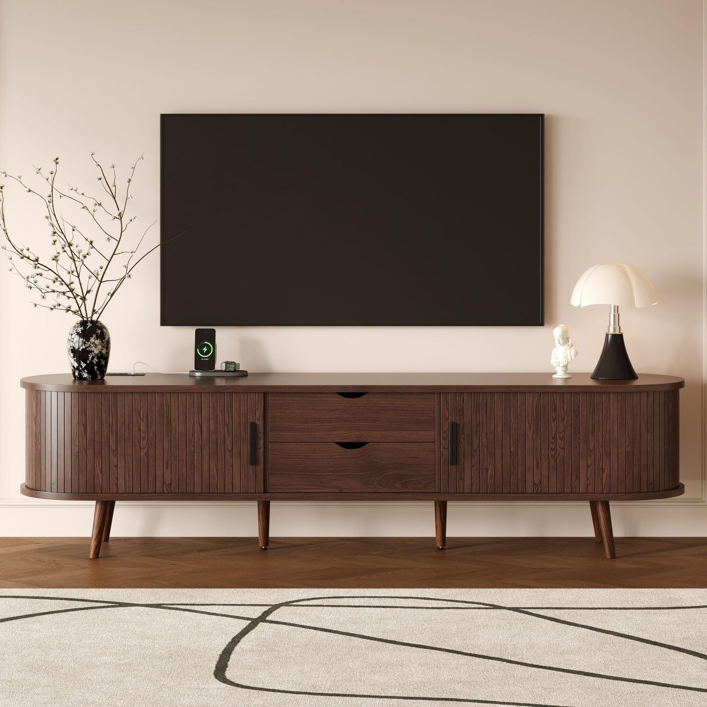 Merax 78'' Modern TV Stand for TVs up to 85 Inches, Entertainment Center with Fluted Glass Drawers & Cable Management, Solid Wood Legs, TV Console for Living Room, Walnut