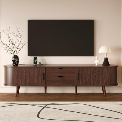Merax 78'' Modern TV Stand for TVs up to 85 Inches, Entertainment Center with Fluted Glass Drawers & Cable Management, Solid Wood Legs, TV Console for Living Room, Walnut