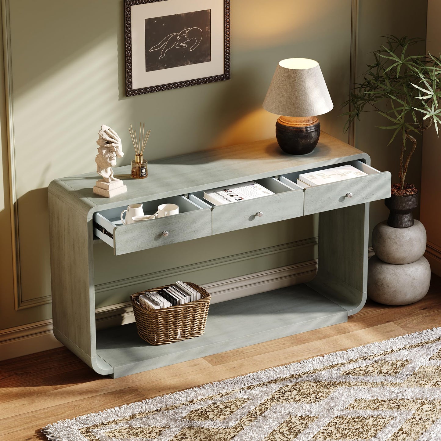Christopher Knight Home Hiro Narrow Console Table with Storage, Wood Entryway Table with 3 Drawers and 1 Bottom Shelf, Long Entryway Table with Storage, Display Table with Curved Design, Sage Green