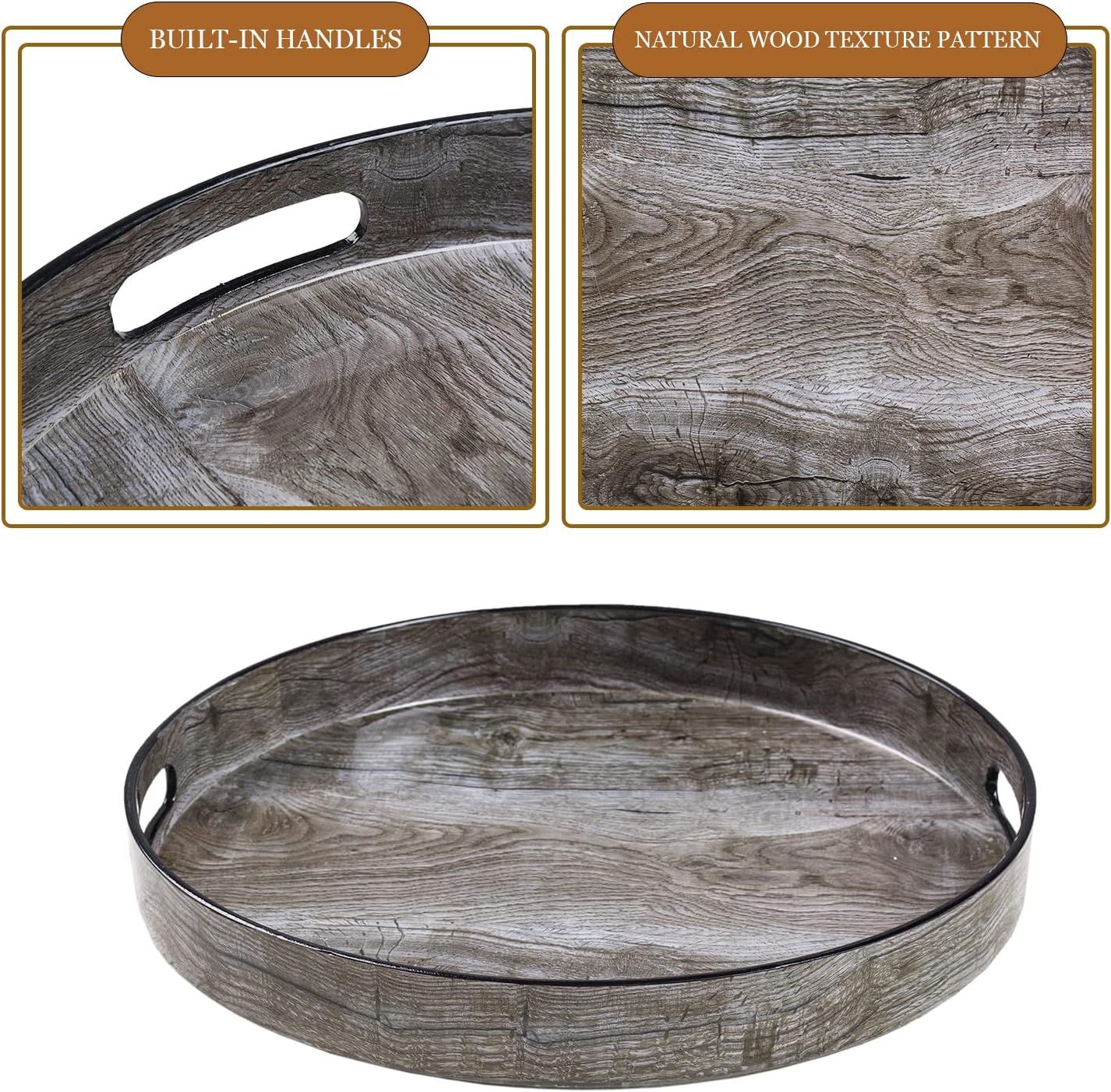 13" MAONAME Round Decorative Tray, Plastic Tray with Handles, Coffee Table Trays, Serving Trays for Ottoman, Bathroom