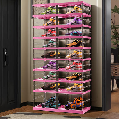 CIMLORD 9 Tier 18-36 PairsFoldable Shoe Rack for Closet Entryway,9-Tier Foldable Shoe Rack for Closet Entryway 18-36Pairs, Stackable Clear Shoe Storage Boxes Organizer with Door Plastic Shoe Cabinet