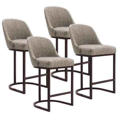 Leick Home 214965 Barrelback Counter Stool with Metal Base, Set of 4, for Elevated Kitchen Counters, High Top Tables, and Bars, Modern Gray Linen Seat and Brown Metal Base