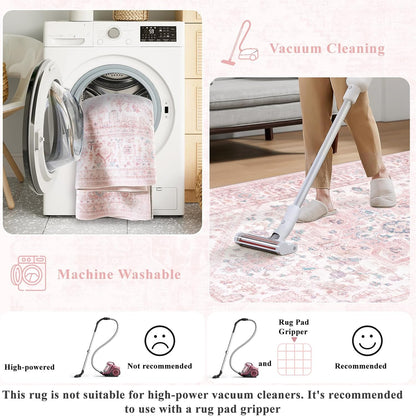 5x7 LIVEBOX Pink Washable Area Rug - Large Vintage Tribal Living Room Non-Slip Indoor Carpet for Bedroom, Low-Pile