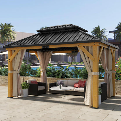 DWVO 11X13FT Gazebo Wood Outdoor Wooden Frame Double Roof Hardtop Galvanized Steel Top Canopy w/Curtain and Netting, Patio Heavy Duty for Deck, Backyard, Beige Yellow