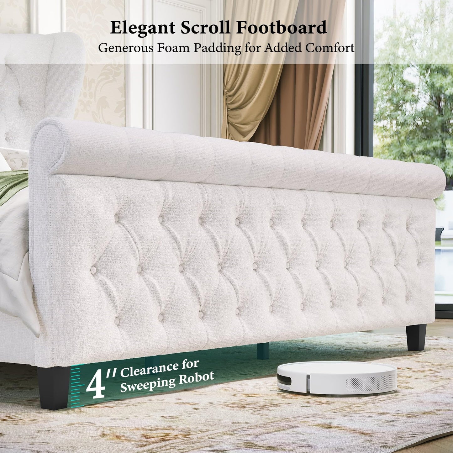 koorlian King Size Bed Frame,Chenille Upholstered Sleigh Bed with Scroll Wingback Headboard & Footboard,Luxury & Soft Button Tufted Modern Bed,Easy Assembly,No Box Spring Needed