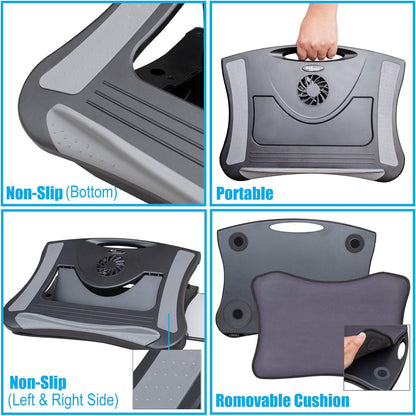 Laptop Lap Pad Laptop Stand with Attached Mouse Pad, Cushion and USB Cooling Fan, Non-Slip Heat Shield Tablet Computer Stand for Sturdy Work Station for Home, Office, Bed Sofa, Couch and Car