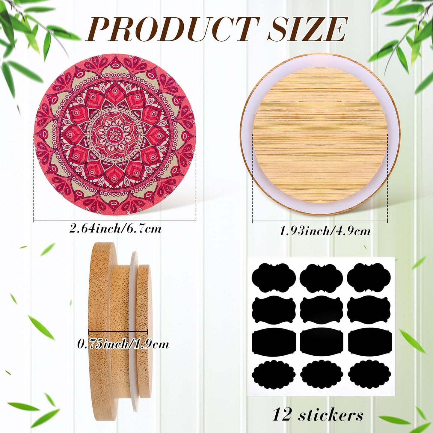 12 12 Jars(2.64 Inches) Uiifan Pcs Yogurt Jar Lids Reusable Bamboo Wooden Mandala Pattern Lids Compatible with Oui