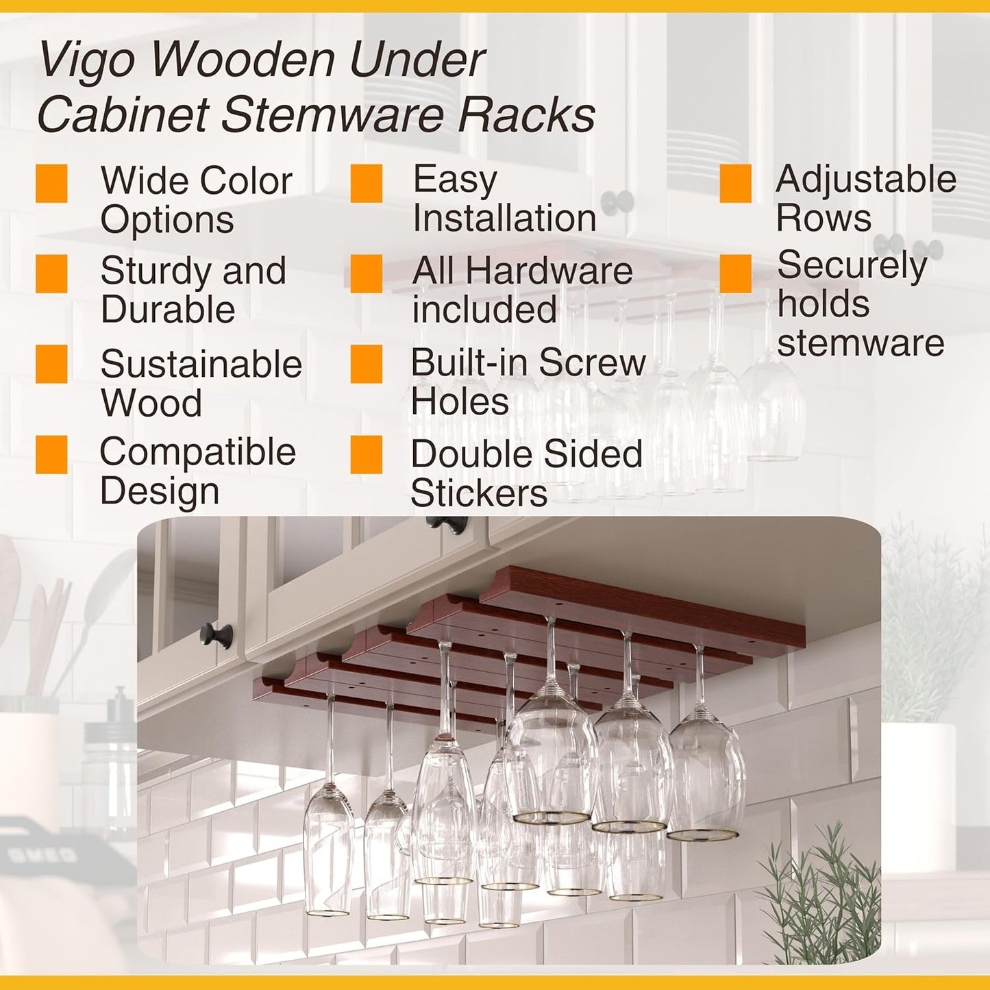 Rustic State Vigo 4 Sectional Adjustable Wood Under Cabinet Wine Glass Holder - 12 Wine Glass Storage - Mahogany