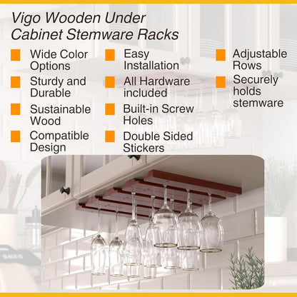 Rustic State Vigo 4 Sectional Adjustable Wood Under Cabinet Wine Glass Holder - 12 Wine Glass Storage - Mahogany