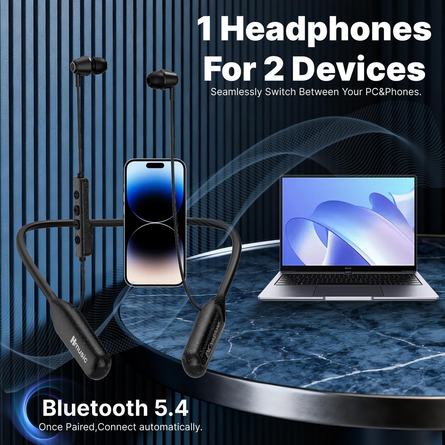 Hmusic H25 Neckband Bluetooth Headphones 200hrs Long Battery Life, Wireless Earbuds Bluetooth 5.4, IPX5 Waterproof, Around The Neck Headphones w/ENC Mic, for Work/Cycling/Game/Gym/Long Trips