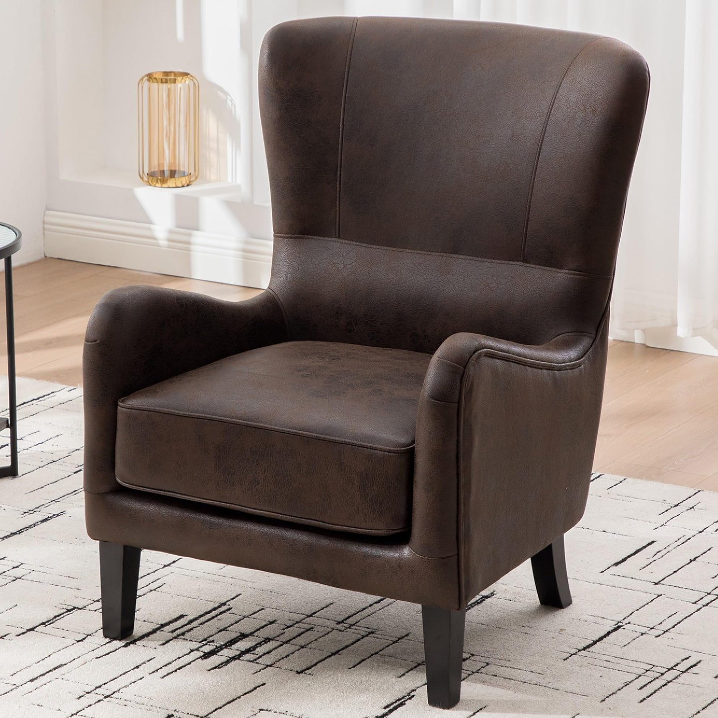 KEIKI PU High Back Accent Chair Oversized, Retro Wingback Reading Armchair with Solid Wood Legs, Mid-Century Comfy Arm Chair Lounge, Upholstered Single Sofa for Living Room, Easy Assembly, Brown