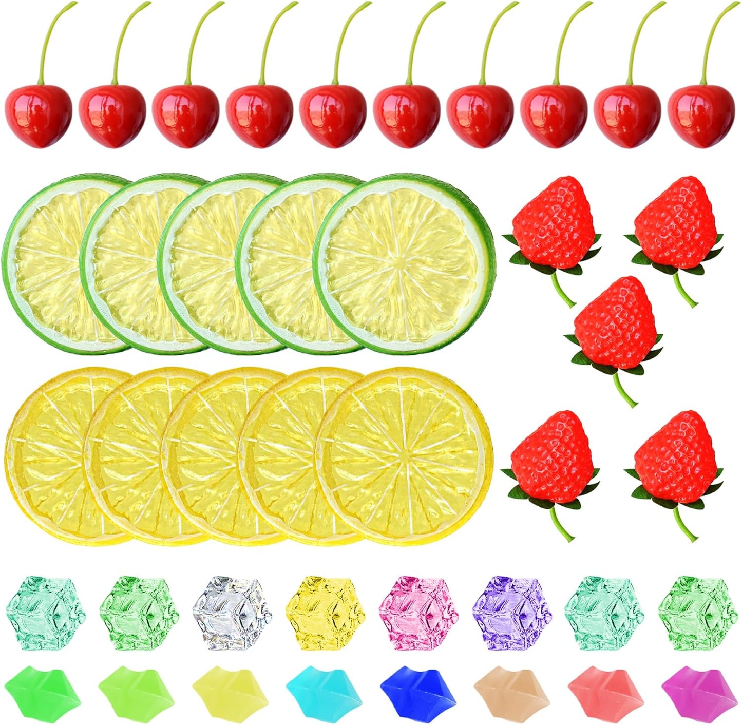 Chewarelly 70 Set, 10 10 5 45 2 Pcs Fake Fruits Ice Cube Include Artificial Lemon Slice Simulation Cherries Fake
