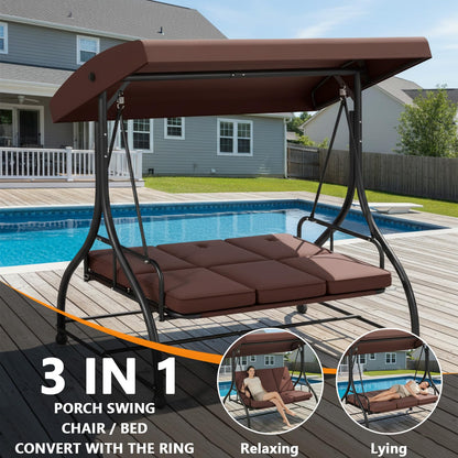 3 Seat Outdoor Porch Swing with Stand, 760 lbs Capacity Heavy Duty Patio Glider Swings for Adults, Convertible 2 in 1 Patio Swings Bed with Adjustable Canopy & Thick Cushions for Garden Yard