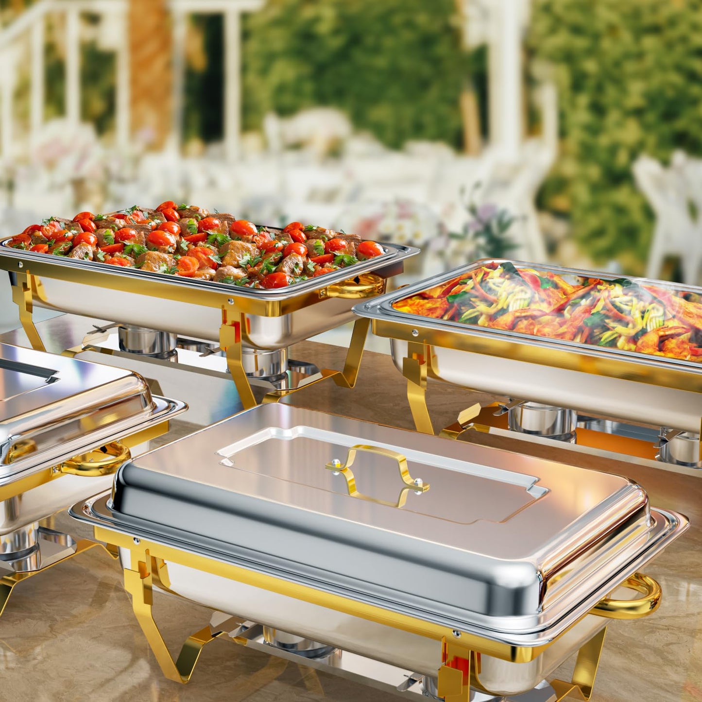 XYJBHB Chafing Dishes for Buffet, 9QT 8 Pack Chafing Dish Buffet Set, Stainless Steel Catering Warmer Server with 8 Full Size Pans for Home Party Wedding Buffets, Gold