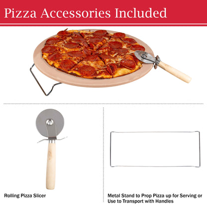 Pizza Stone - 15-Inch Pizza Stone for Oven or Grill with Cutter and Metal Serving Rack/Handles - Oven Accessories by Classic Cuisine