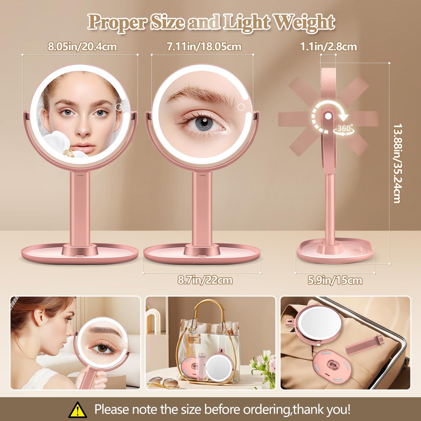Makeup Mirror with Lights, Double Sided 1x/20x Magnifying Mirror with Light, Rechargeable 3 Color Lights and Adjustable Brightness, 360° Rotation Detachable Comes with Tweezer(Black)