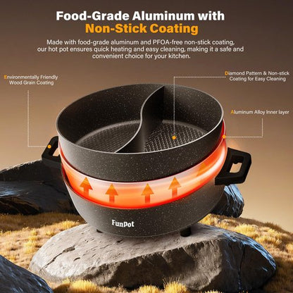 6L Electric Hot Pot with S-Shape Dual-Divider, Smart Temperature Control, 5 Heat Settings, 1350W Fast Boiling, Diamond Nonstick Pot (Black Hollow Handles)
