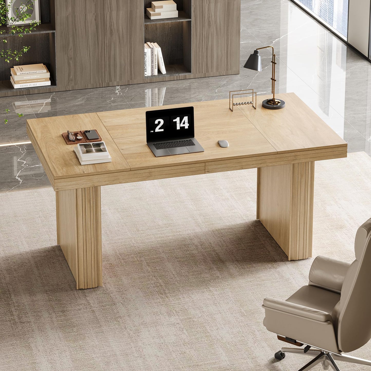 Tribesigns 63" Executive Desk, Modern Executive Office Desk with Thickened Desktop and Heavy-Duty Legs, Wood Writing Workstation Study Table Conference Table for Office, Natural