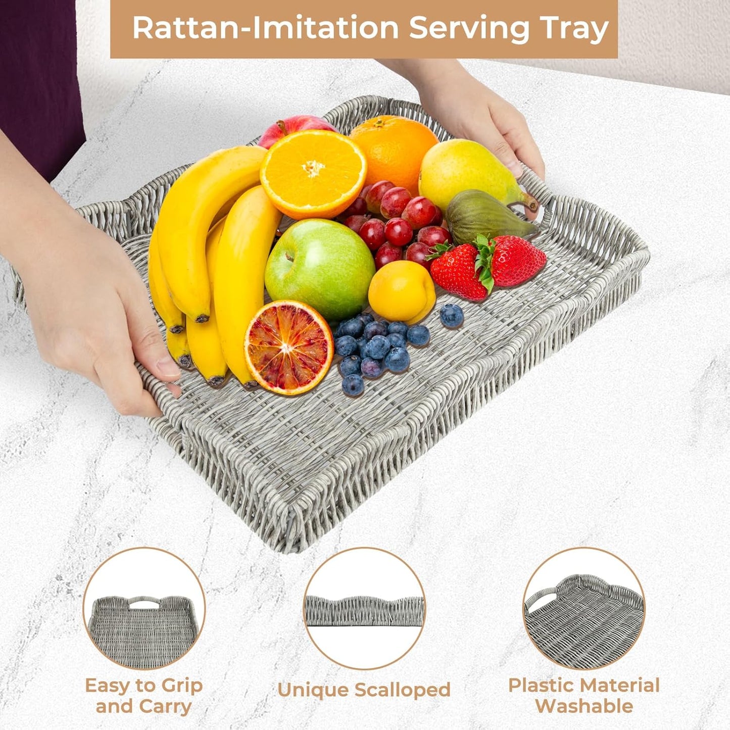 Rectangle Wicker Scalloped Tray, Hand Woven Synthetic Rattan Serving Tray with Handles, Coffee Table Decorative Tray