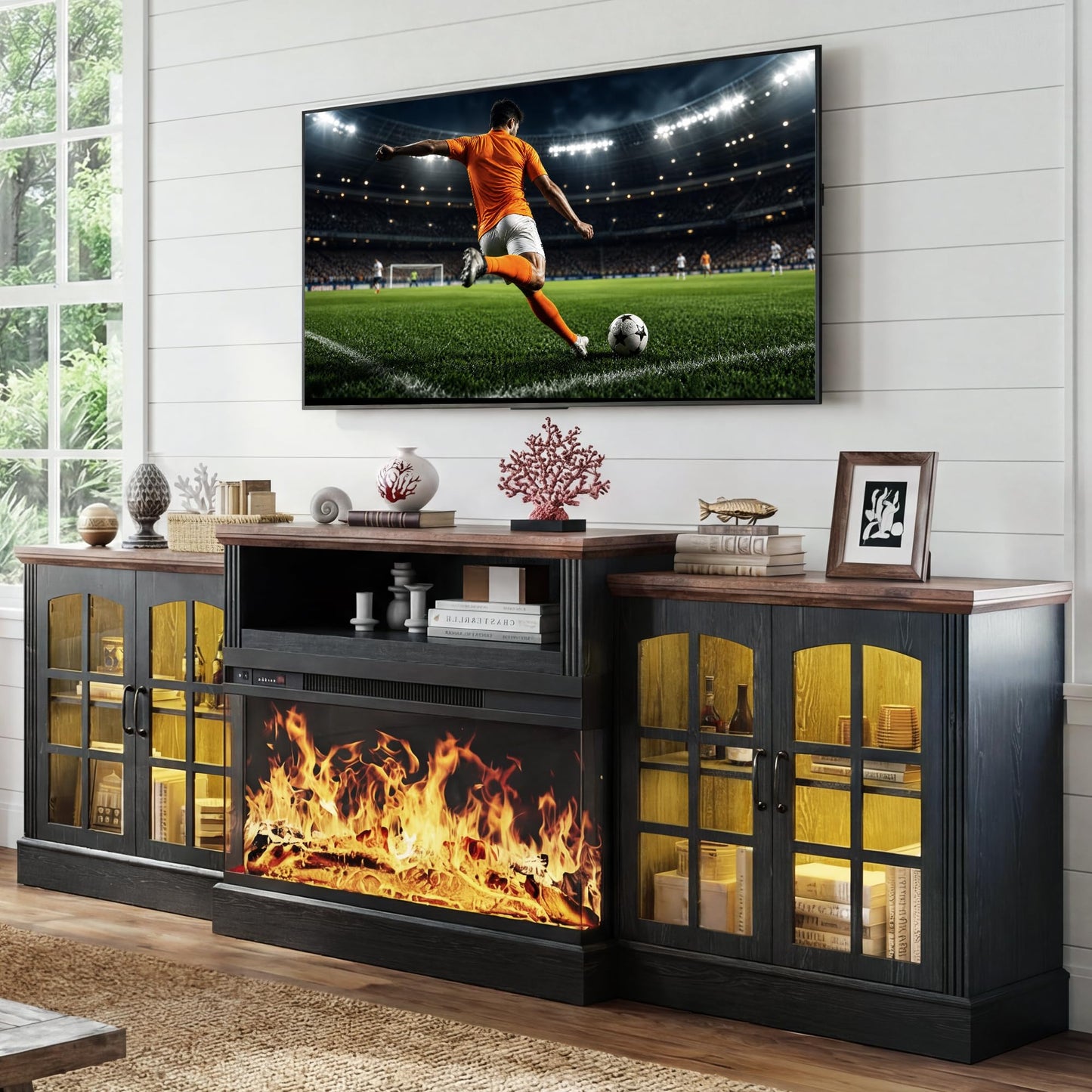 97" Farmhouse Fireplace TV Stand for TVs Up to 100", Entertainment Center with 36" 3-Sided Glass Electric Fireplace, 12 Flame Colors & LED Light Modes, Media Console for Living Room, Black