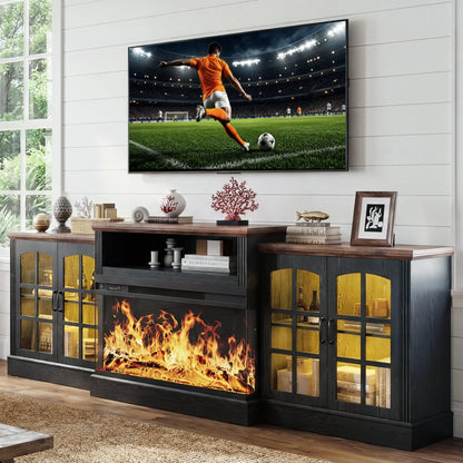 97" Farmhouse Fireplace TV Stand for TVs Up to 100", Entertainment Center with 36" 3-Sided Glass Electric Fireplace, 12 Flame Colors & LED Light Modes, Media Console for Living Room, Black