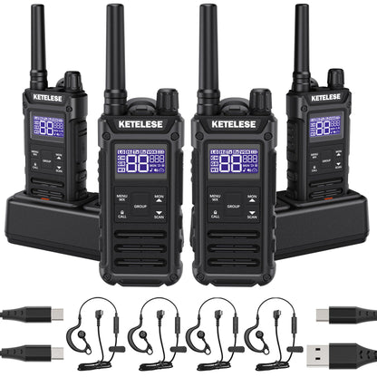 KETELESE T3G IP67 Waterproof Walkie Talkies Rechargeable, Heavy Duty 2 Way Radios with Earpiece and Mic, Dock, USB, NOAA Weather Alert, Group PTT (4 Pack), Black/Grey