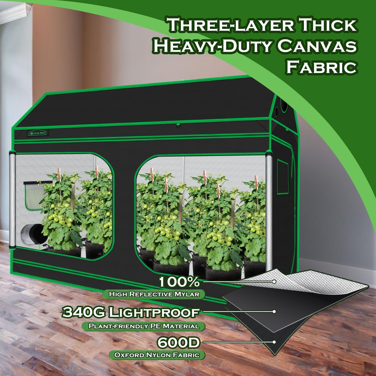 Green Hut 96"x48"x72" Roof Cube Grow Tent with Observation Windows, Lightproof, Mylar Hydroponic Tent with Floor Tray for Indoor Plant Growth