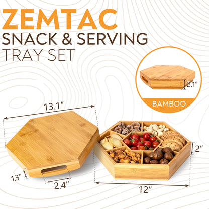 Snack and Serving Tray Set – 13" Divided Bamboo Appetizer Platter for Dry Fruit, Nuts, Cheese and Charcuterie (Bamboo, 13"x11")