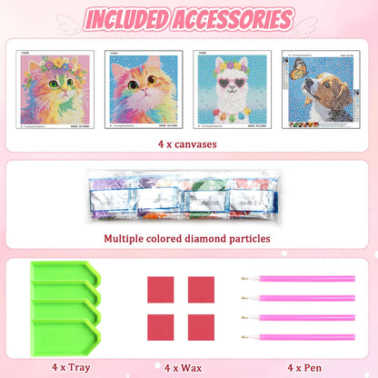 Leixonl 4 Packs 5D Diamond Art Kits for Kids Ages 6-8-9-12,Arts and Crafts Set for Home Wall Decor.Gem Art by Number Kits Arts and Crafts Kits(5.9x5.9inch) (4-pack-15-cat Dog cat Alpaca)