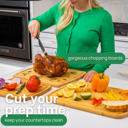Greener Chef Luxury Wood Cutting Board 3-Piece Set with Vertical Grain Strength Technology - Extra Large Bamboo Cutting Boards for Kitchen with Deep Juice Grooves for Chopping - Lifetime Replacements