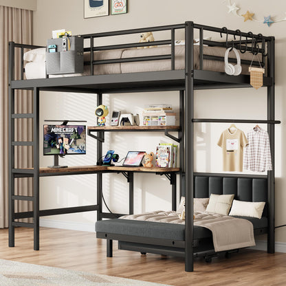 Twin Loft Bed with Matteress, Heavy Duty Metal Bunk Bed Frame with Pull-Out Folding Bed and Desk, Dual-Access Bed, Charging Station, 2-Tier Adjustable Shelves, Safety Guard Rail & Ladder (Dark Black)