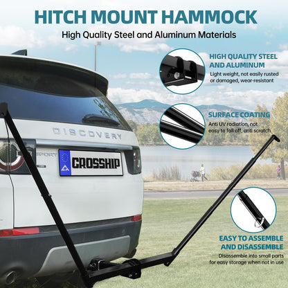 CROSSHIP Hitch Mount Hammock Stand - Includes Parachute Nylon Hammock & Storage Bag - for 2'' Receiver, Fits Class III & IV Heavy Duty Trucks, for Camping, Outdoor, Travel (350lbs Weight Capacity)