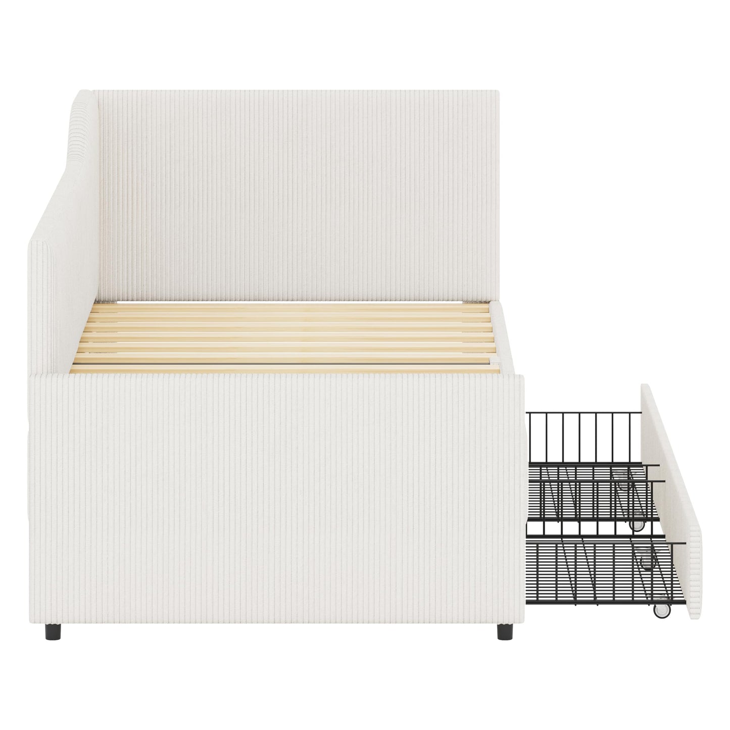 GDFStudio Twin Size L Shaped Corduroy Daybed Upholstered Bed Frame with 2 Storage Drawers Wooden Slats Semi Enclosed Design No Box Spring Needed, Beige