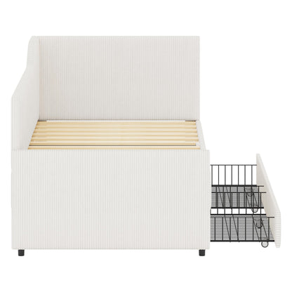 GDFStudio Twin Size L Shaped Corduroy Daybed Upholstered Bed Frame with 2 Storage Drawers Wooden Slats Semi Enclosed Design No Box Spring Needed, Beige