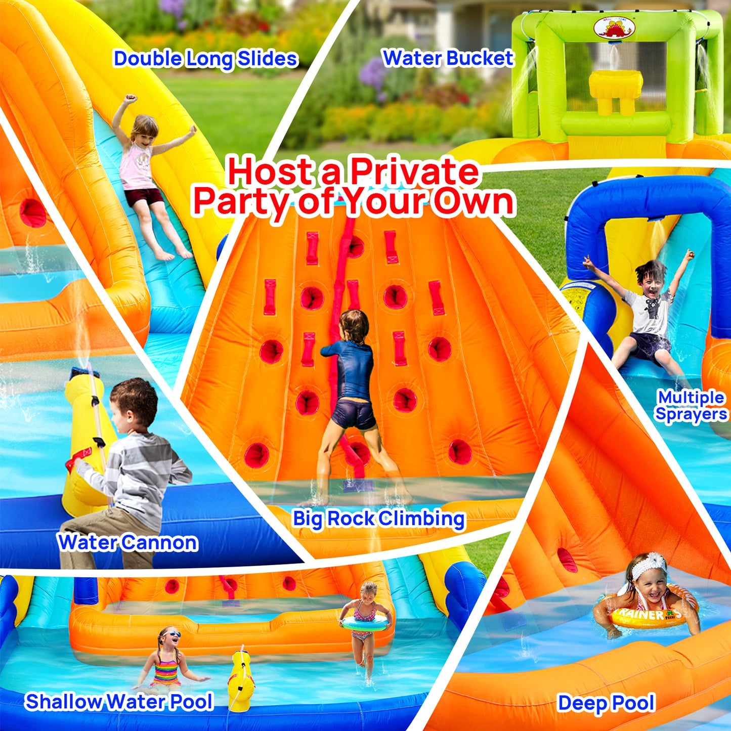WELLFUNTIME Inflatable Water Slide, Bounce House with Water Bucket, Deep Pool, Climbing Wall with Rope, Bouncy Castle with Air Blower