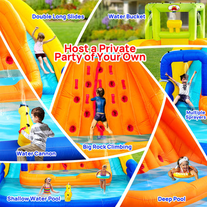 WELLFUNTIME Inflatable Water Slide, Bounce House with Water Bucket, Deep Pool, Climbing Wall with Rope, Bouncy Castle with Air Blower