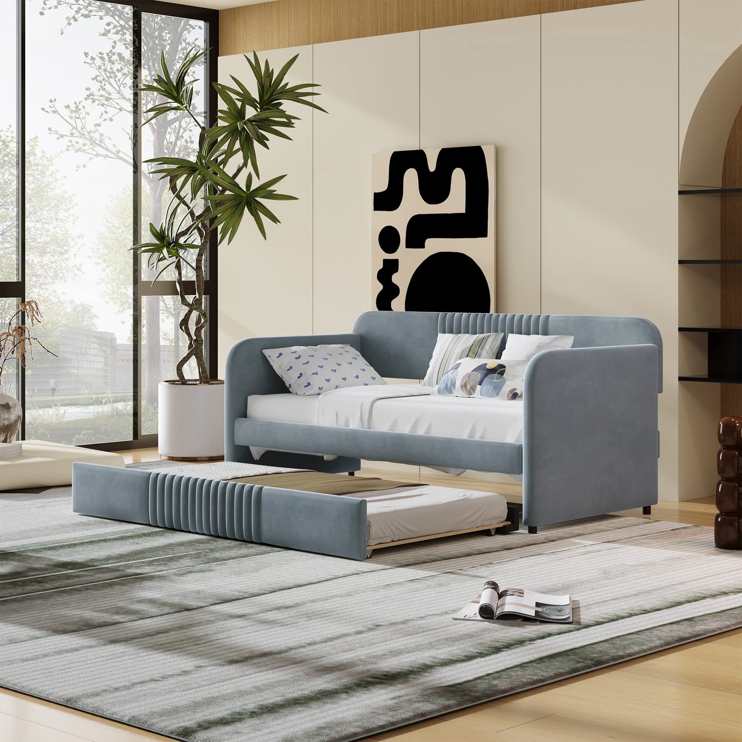 Merax Twin Size Upholstered Daybed with Trundle Bed and Wood Slat, Gray Velvet Sleeper Sofa Bed, No Box Spring Needed
