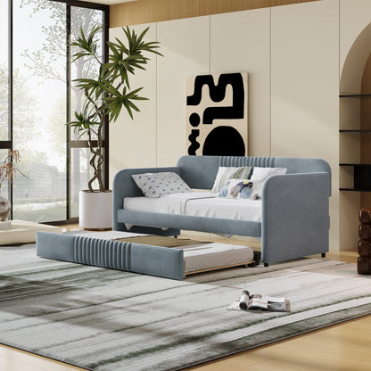 Merax Twin Size Upholstered Daybed with Trundle Bed and Wood Slat, Gray Velvet Sleeper Sofa Bed, No Box Spring Needed