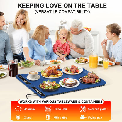WarmMate Food Warming Mat，Electric Warming Tray with 9-Level Temperature Precision Control, 6H Timer,8s Full Surface Rapid Heating, Ideal for Buffets, Parties & Gatherings (Roll-Up Design，Dark Blue)