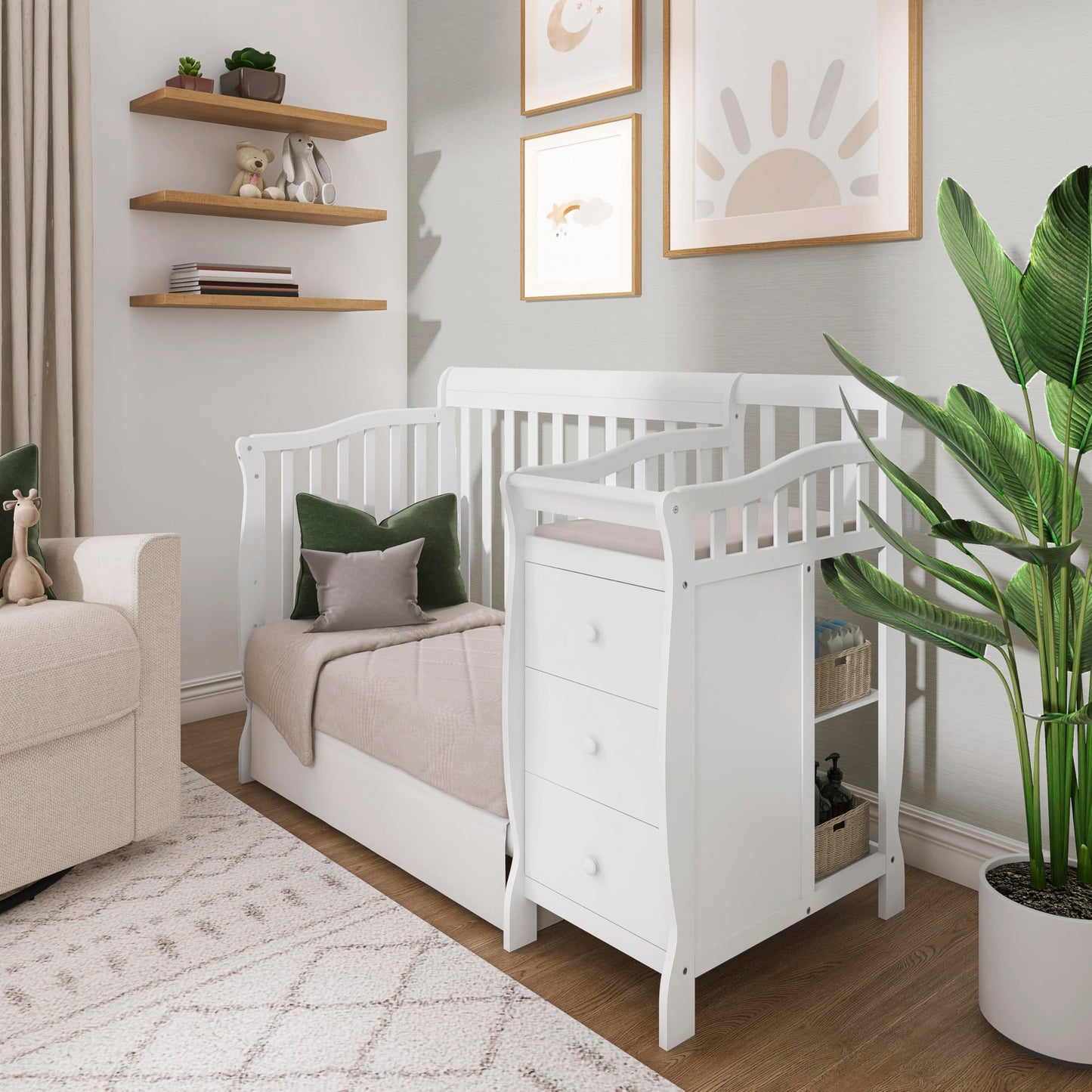 Dream On Me Jayden 4‑in‑1 Mini Convertible Baby Crib & Changer with Storage in White, Pinewood, GreenGuard Gold & BSA, 1” Mattress Pad, 3 Mattress Heights, Converts to Mini Day & Twin-Size Bed