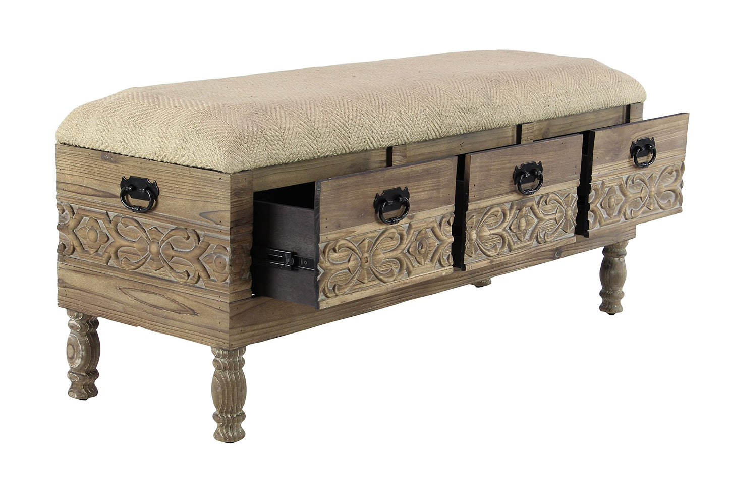 Deco 79 Wood Floral Room Storage Bench Intricately Carved Entryway Bench with Cream Burlap Top, Bench 47" x 16" x 20", Brown