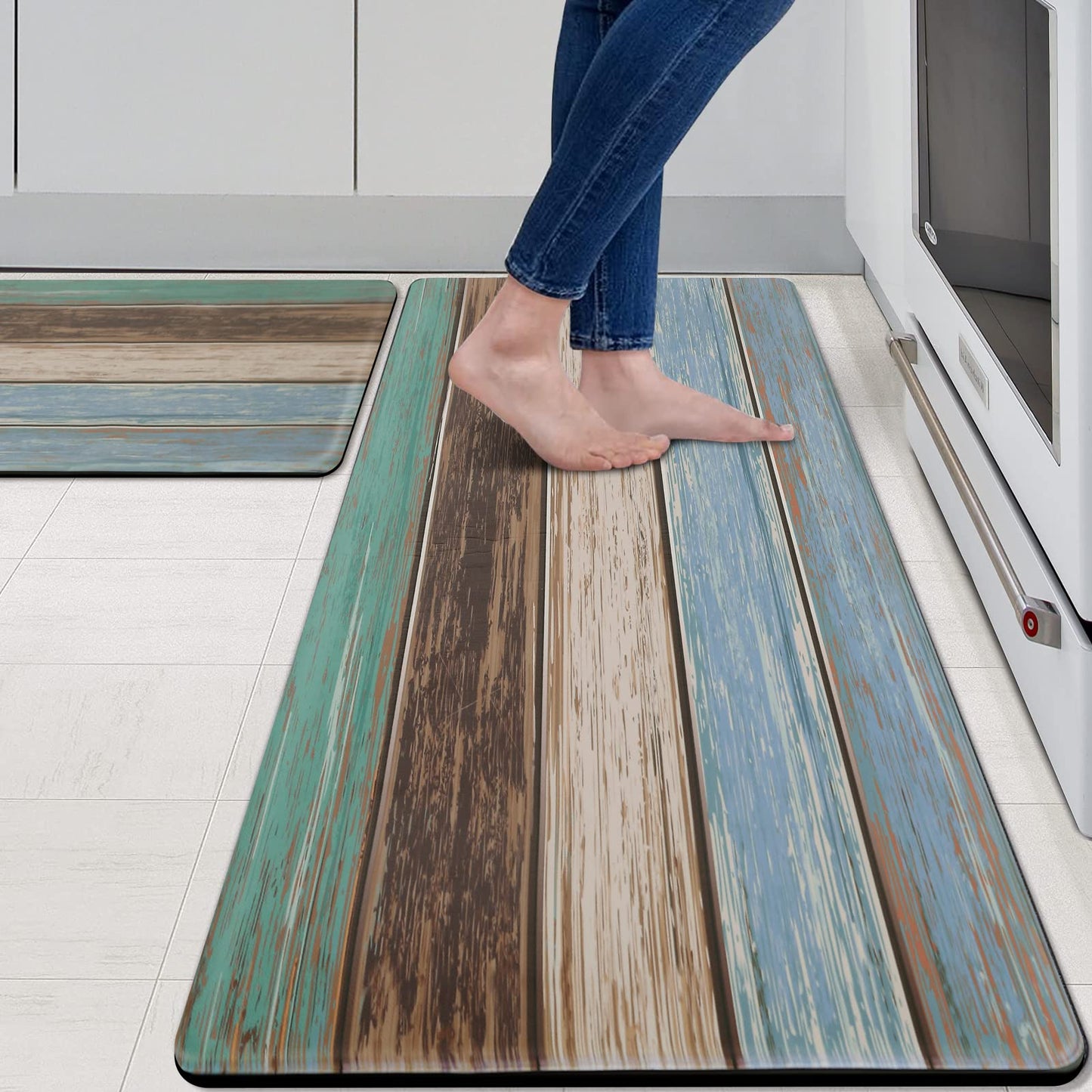 MAYHMYO Kitchen Rugs and Mats Set of 2 Teal Farmhouse Anti Fatigue Mat PVC Non Slip Retro Rustic Wood Texture Kitchen Mats for Floor,17.3 x 29 x 0.4 inch + 17.3 x 47 x 0.4 inch